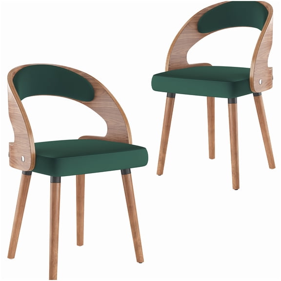 Dark Green Wooden Chairs Set of 2, Upholstered Seat Modern Dining Chairs with Ergonomic Curved Back