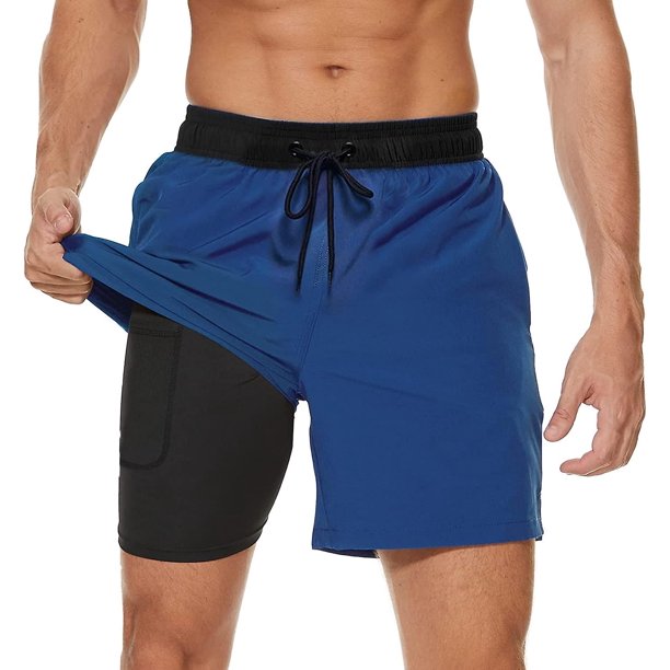 Bañador para hombre con forro de compresión 2 en 1 Bañador para hombre de secado rápido con bóxer Breve forrado para surf Pantalones cortos de playa elásticos con bolsillos con cremallera Qx