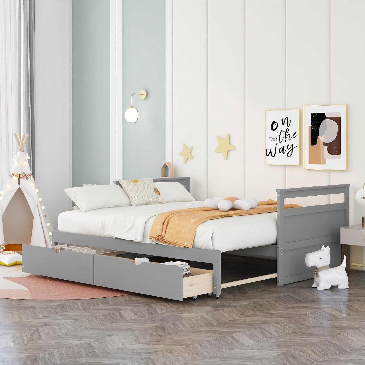 Extendable Daybed with 2 Storage Drawers, Wooden Twin Size Bed Frame