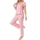 thumbnail image 4 of Pijamas para mujeres INSPIRE CHIC, camiseta de cuello en V de manga corta con pantalones de tiro ajustable, conjuntos de lounge impresos con bolsillos, L, rayas rosas, 4 of 5