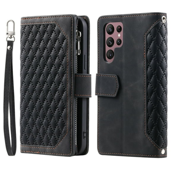 Allytech Crossbody Wallet Case for Samsung Galaxy S22 Ultra, Zipper Wallet With Wrist Shoulder Strap Magnetic Folio Flip Shockproof Cover, Black
