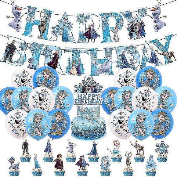 Kids Girls Frozen Theme Happy Birthday Party Supplies Kit Banner Balloons Cake Cupcake Toppers Decoration Set_Perfect Gift
