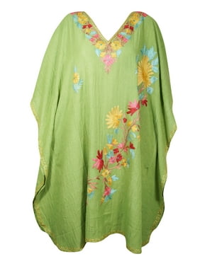 Mogul Women Olive Green Embellished Floral Short Caftan Lounger Cover Up BOHO CHIC Tunic Dress 3XL