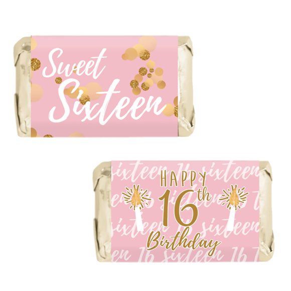 Pink and Gold Sweet 16 Mini Chocolate Candy Bar Wrappers - 16th Birthday Party Favor Labels - 45 Stickers