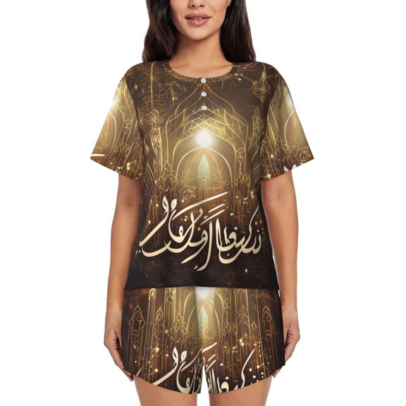 Happy New Hijri Year Arabic (1) Womens Pajamas Short Set Soft Short Sleeve Sleepwear Button Down Pjs Set with Pockets S XXL Small