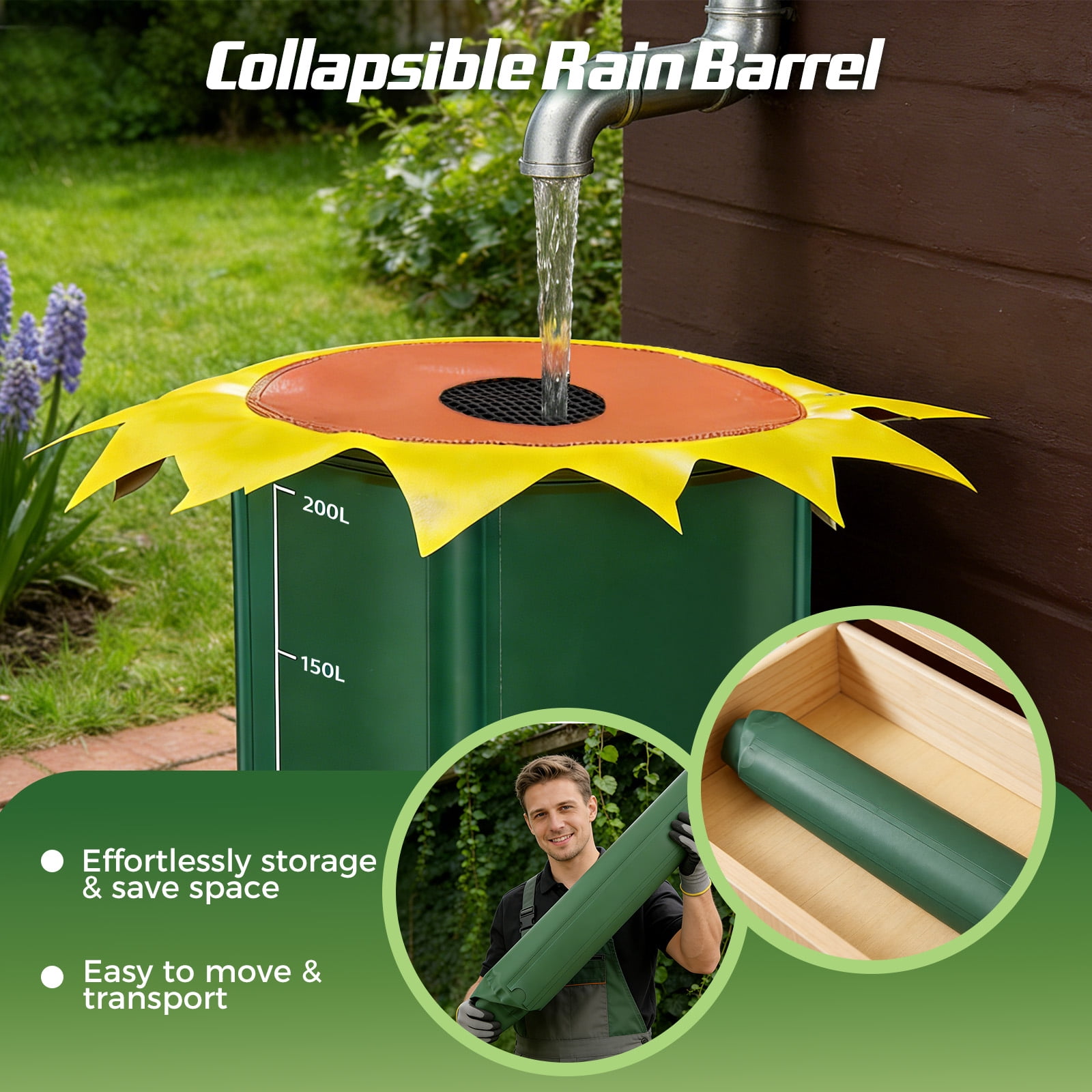 YTAKY Collapsible Rain Barrel 53 Gallon, Portable Rain Water Collection Barrel with 1000D Oxford Cloth, Spigot and Overflow Kit for Garden, Lawn, Outdoor - Green