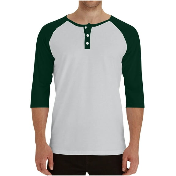 Mens Henley T-Shirt Long Sleeve Cotton Tops Casual Shirt 3/4 Sleeves Round Neck Shirt Army Green XL