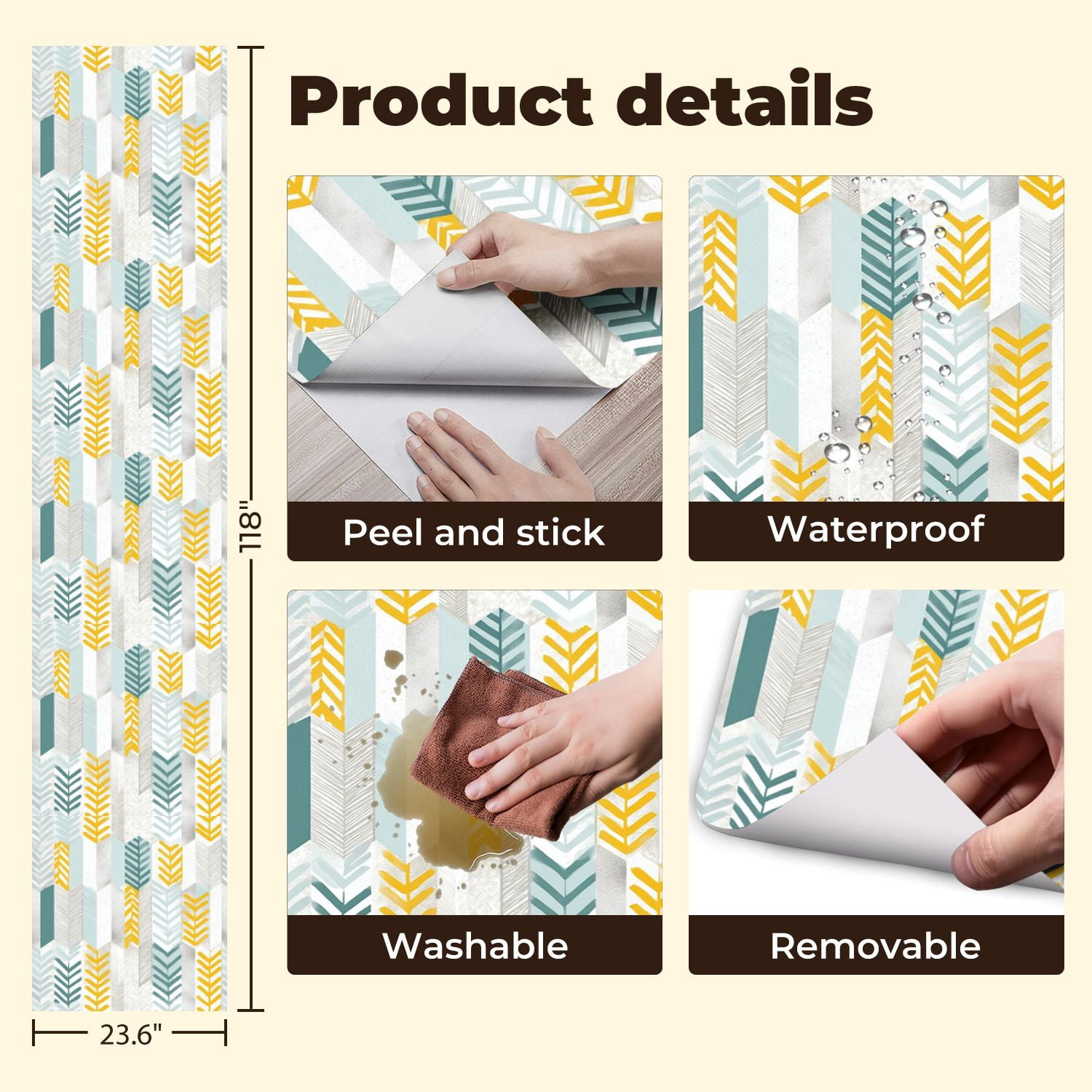 Vintage Peel and Stick Wallpaper Geometric Leaf Yellow Teal White Modern Wall Mural 23.6in x 9.8ft Self Adhesive Removable Wall Paper Renter Friendly Wallpaper for Nursery Bedroom Cabinets