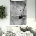 thumbnail image 3 of Ocean Decor Tapestry, Wreck Small Stranded Boat on Seaside Snow Clouds Windy Day Wave Picture, Wall Hanging for Bedroom Living Room Dorm Decor, 40W X 60L Inches, Black and White, by Ambesonne, 3 of 5