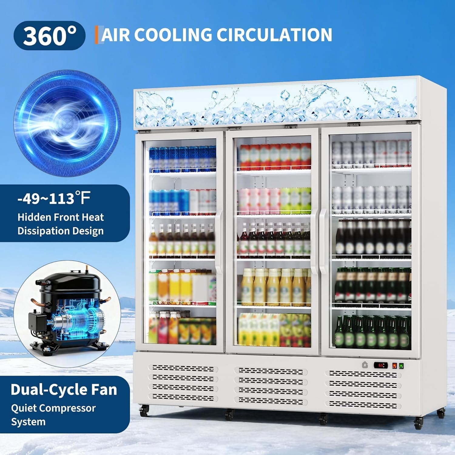 IdealHouse Commercial Refrigerator, Three Glass Door Display Beverage Fridge, 39 Cu ft Upright Beverage Cooler Merchandiser with Soft LED Light, Adjustable Shelves and Swivel Castors, Fast Cooling