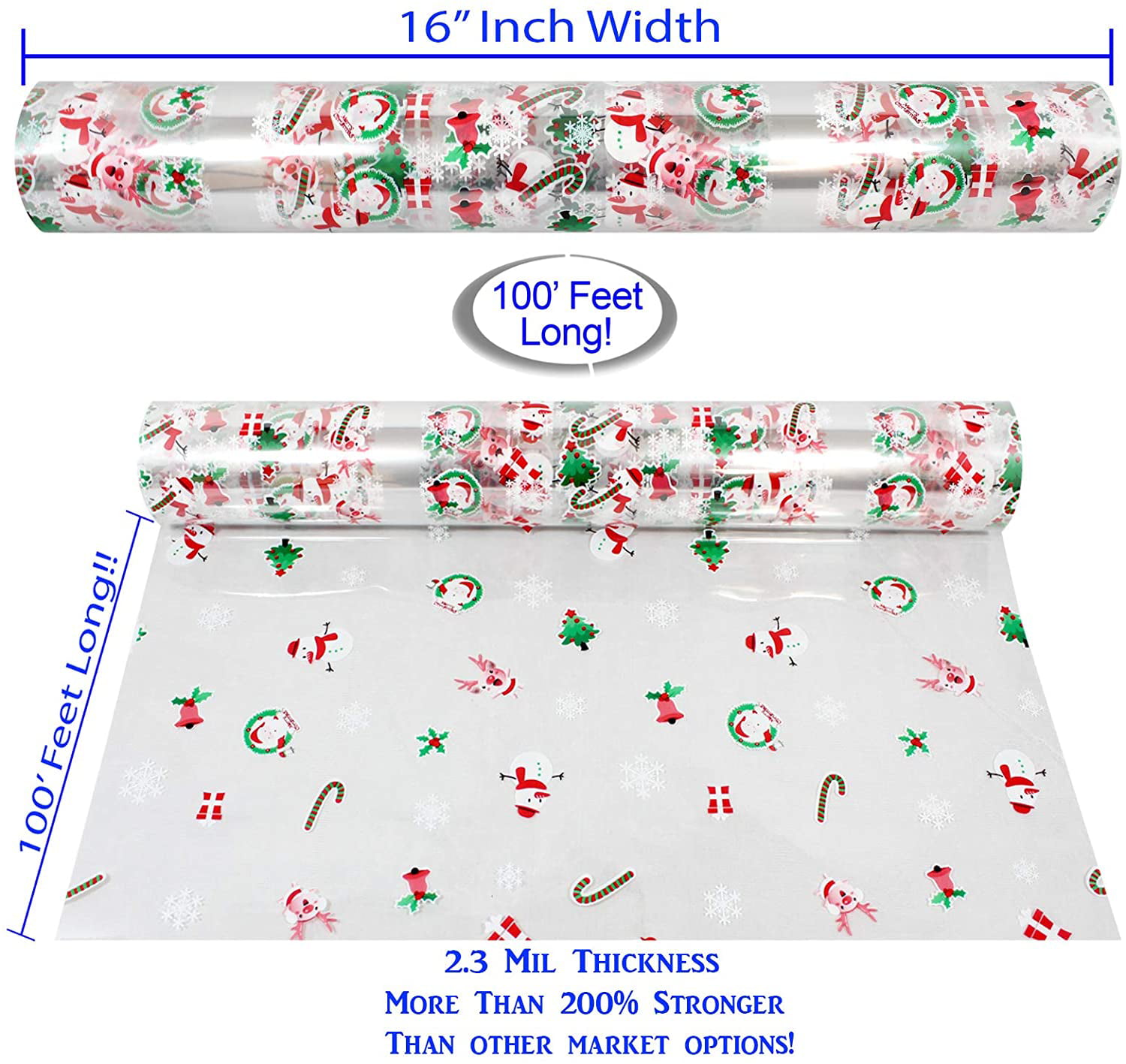 Christmas Cellophane Wrap Roll | 100' Ft. Long X 16” in. Wide | 2.3 Mil  Thick, Crystal Clear with Christmas Designs| Gifts, Baskets, Treats, Cello  Wrapping Paper | Santa, Snowman Cello Roll | Anapoliz - Walmart.com