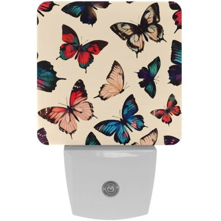 

2-Pin Plug into Wall [2 Pack] Cool Butterflies Retro Pattern Decorative Night Light with Auto Dusk to Dawn Sensor Square LED 0.5W Plastic Night Light