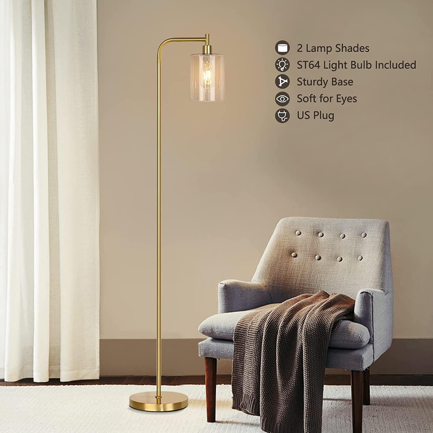 Simple Style Office Industrial Floor Lamp 6W LED Bulb Included Floor Lamp Bright LED Floor Lamp for Living Room and Bedroom Modern Floor Lamp with Foot Switch Standing Lamp with Glass Lampshade 
