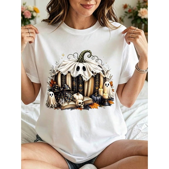 Halloween Graphic, Casual Short Sleeve, Women's T-Shirt, Pumpkin Ghost Books Skull Print, Autumn Holiday Party, Gift For Friends