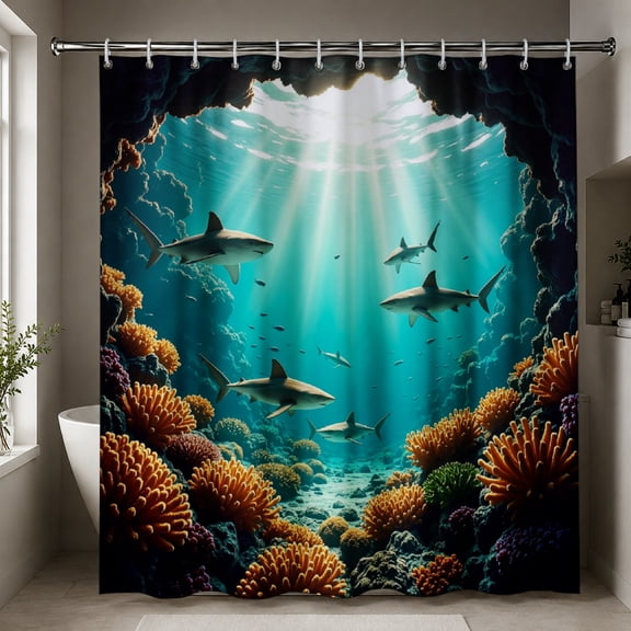 Gelasgo Deep Sea Sharks Ocean Shower Curtain Underwater Rays Sunlight Coral Reef Marine Waterproof Fabric Bathroom Decor Bath Curtain with Hooks