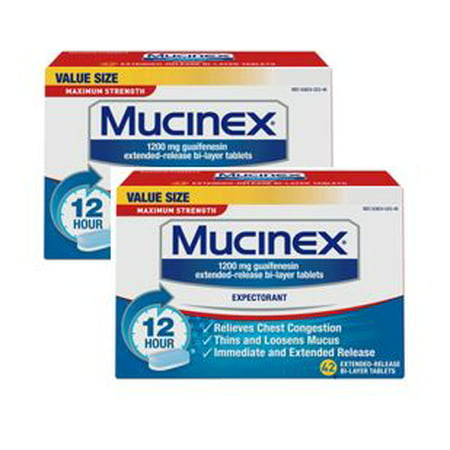 (2 pack) Mucinex Maximum Strength 12 Hour Chest Congestion Expectorant Relief Tablets, 1200 mg, 42 Count, Thins & Loosens (Best Cough Expectorant India)