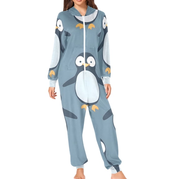 Cartoon Lovely Standing Penguins Adult's Hoodie Onesie Jumpsuit One-Piece Pajamas with Zipper Unisex for Holiday S
