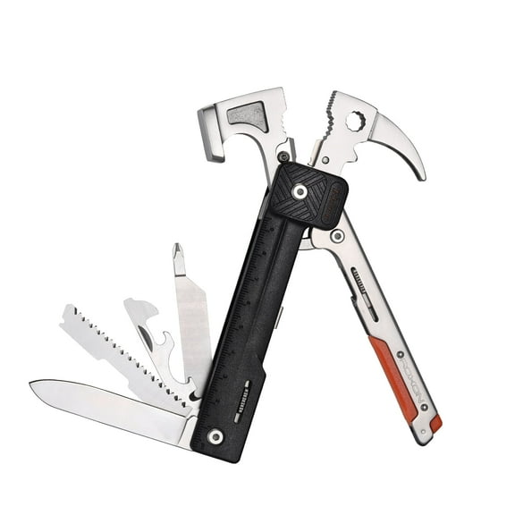 17 in 1 Camping Hammer Foldable Multitool with Flint Stone, Replaceable Wire Cutters, Knife, Saw, Whistle, Bottle Opener