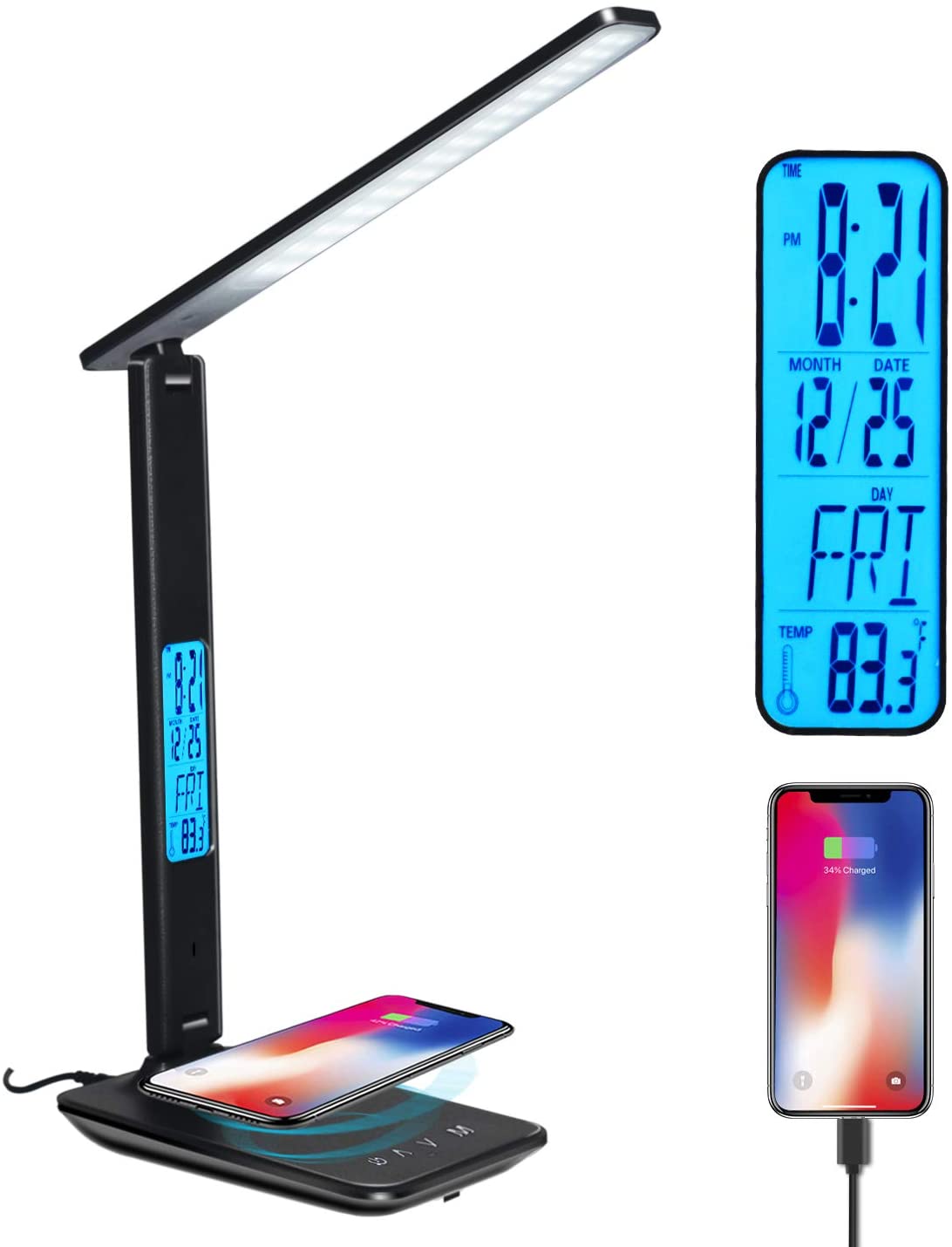 Geeetech Dimmable LED Desk Lamp with Wireless Charging LCD Screen USB