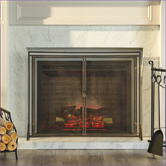 Fireplace Screen for Living Room Bedroom, Modern Iron Matte Black, Double Access Doors, 40"W x 30.7"H | Iron | Rectangle