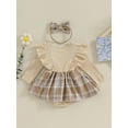 thumbnail image 5 of FEORJGP Infant Girl 2Pcs Fall Outfits Newborn Baby Ruffle Long Sleeve Jumpsuit Plaid Print Skirt Romper Dress Crew Neck Bodysuit Dress with Headband Set Clothes, 5 of 9