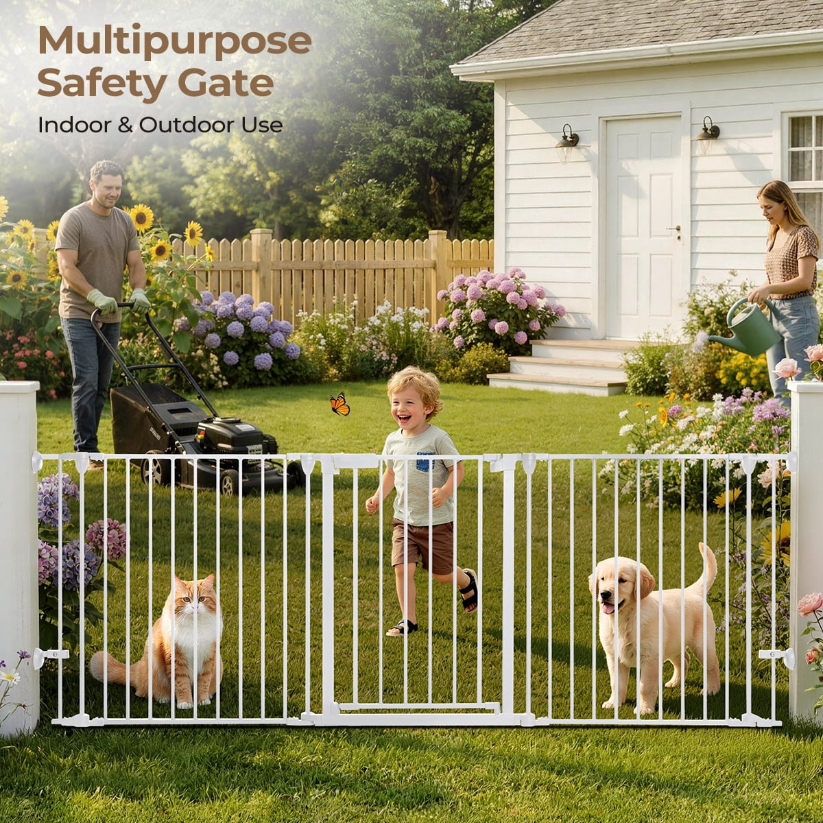 Pet Safety Gate, Caveen 3Panels 80" Extra Wide Iron Gates for Doorway Kitchen Playard, White
