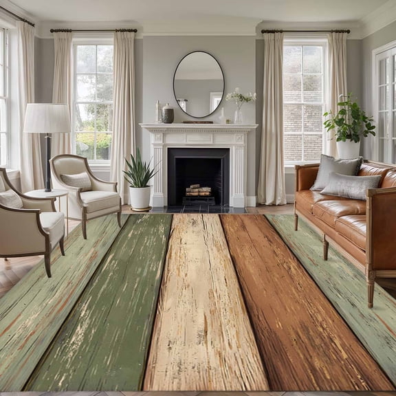 Rectangle Area Rugs 8 x 10 Ft, Farmhouse Sage Green Brown Non-Slip Residential Carpet, Vintage Wooden Striped Indoor Crawling Mats Runner Rugs for Living Room/Dining Room/Bedroom
