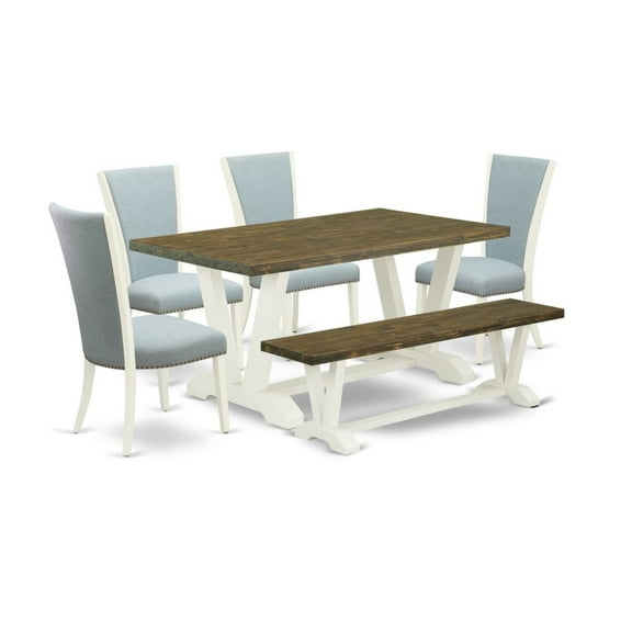 East West Furniture V-Style 6-piece Wood Dining Room  Set with Bench in White