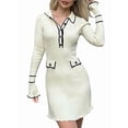 thumbnail image 1 of Womens V Neck Sweater Dress Long Sleeve Half Button Slim Fitted Ruffle Ribbed Knit Mini Pencil Dress S, 1 of 7