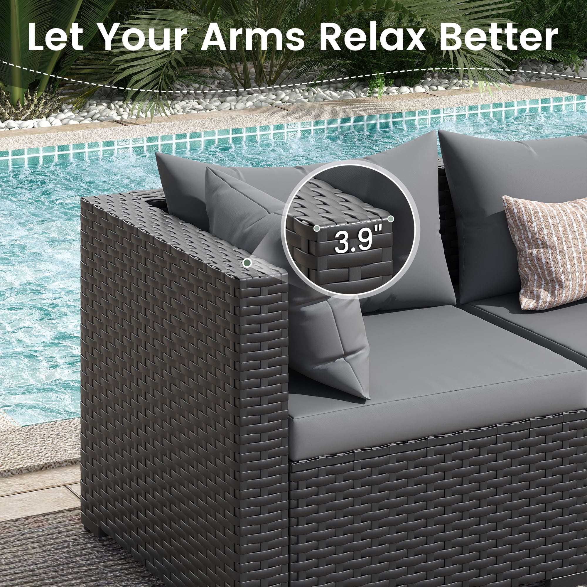 POTEBAN 5 Pieces Patio Conversation Set, Outdoor Black PE Wicker Sectional Sofa for Backyard Garden, Grey