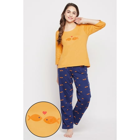 

Fish Print Top in Yellow & Pyjama in Navy - 100% Cotton