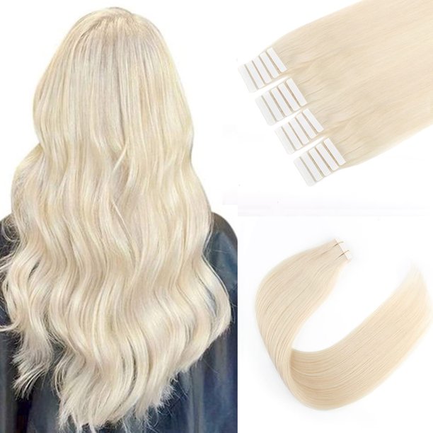 Sixstarhair Extensiones de cabello con cinta de 1.76 oz, extensiones de cabello rubio, color 60 rubio ceniza, extensiones de cabello humano natural, extensiones de cinta platino para salón [color 60 r