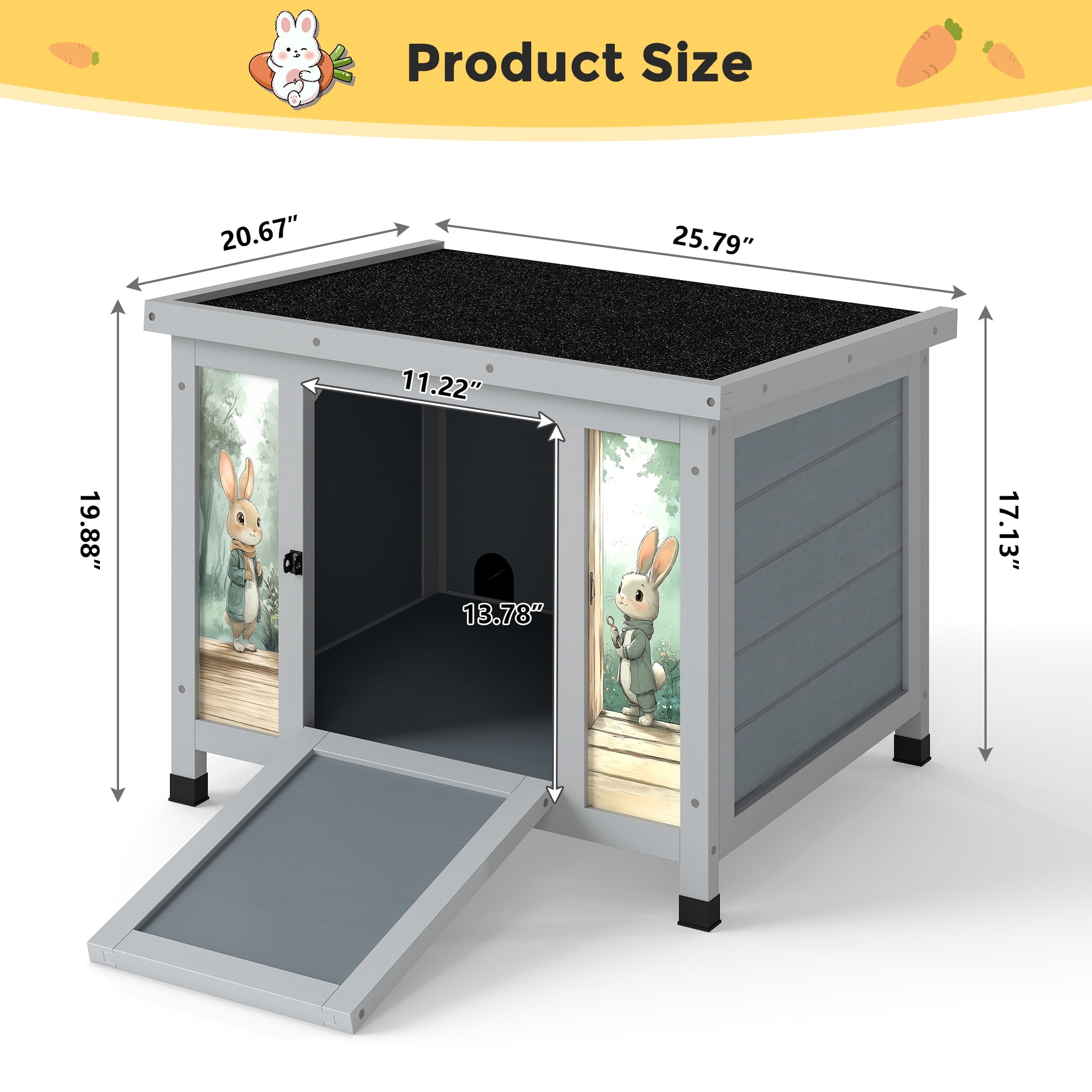 24'' Small Rabbit Hutch Outdoor, Bunny Cage for Small Animal with Weatherproof & Openable Top, Wooden Cat House for Indoor & Outdoor Use (Grey)