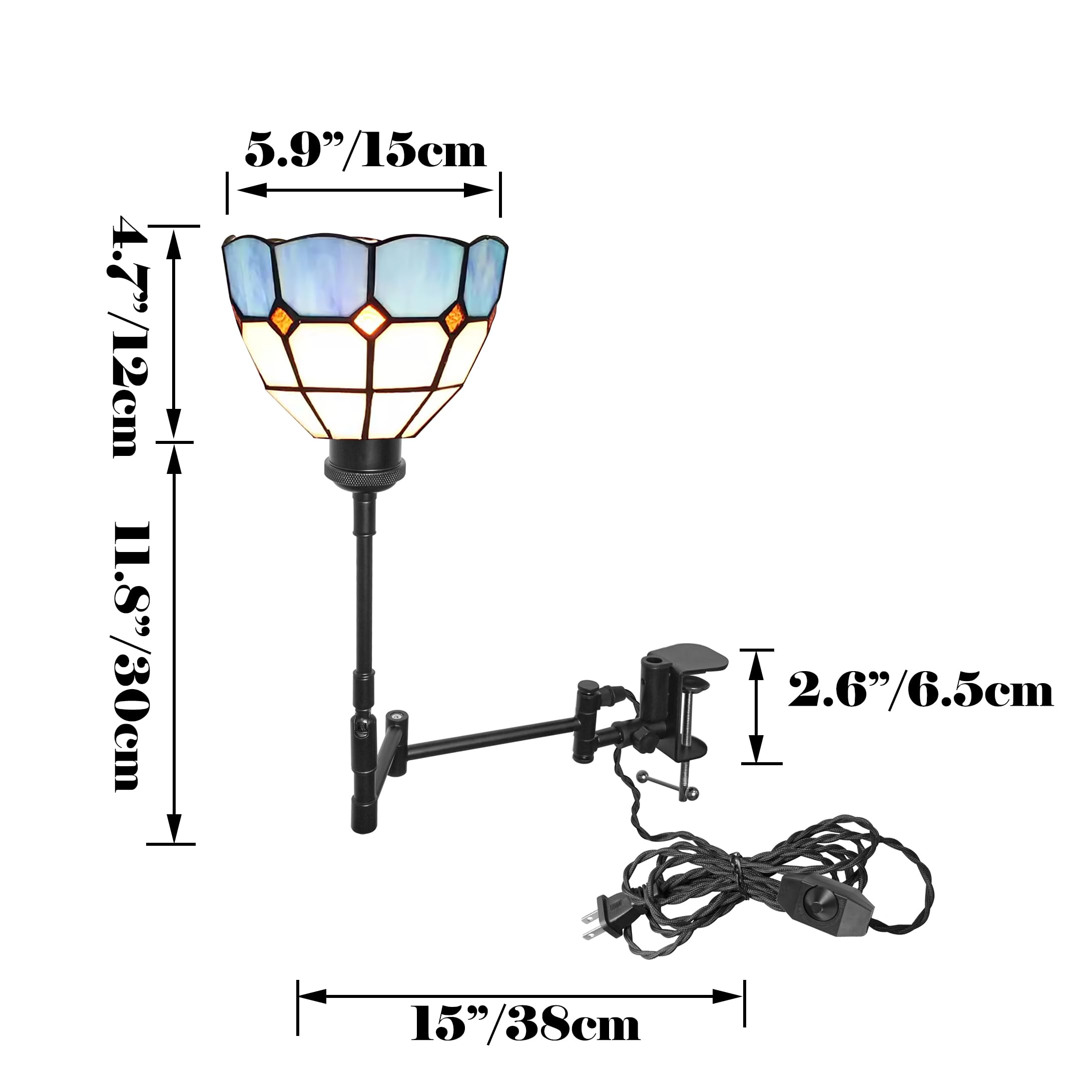 Kiven Plug-in Modern Clip-on Desk Lamp, 1-Light Blue Glass Nightstand Lamp with Flexible Arm, 8.2FT Plug in Cord, Decorative Clamp Lamp for Bookshelf Bedside Office Farmhouse Home Decor