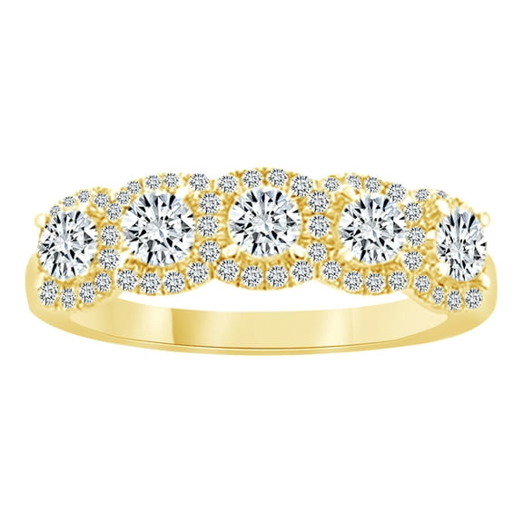AFFY Round Cut White Natural Diamond Halo Station Fashion Ring In 14K Solid Yellow Gold