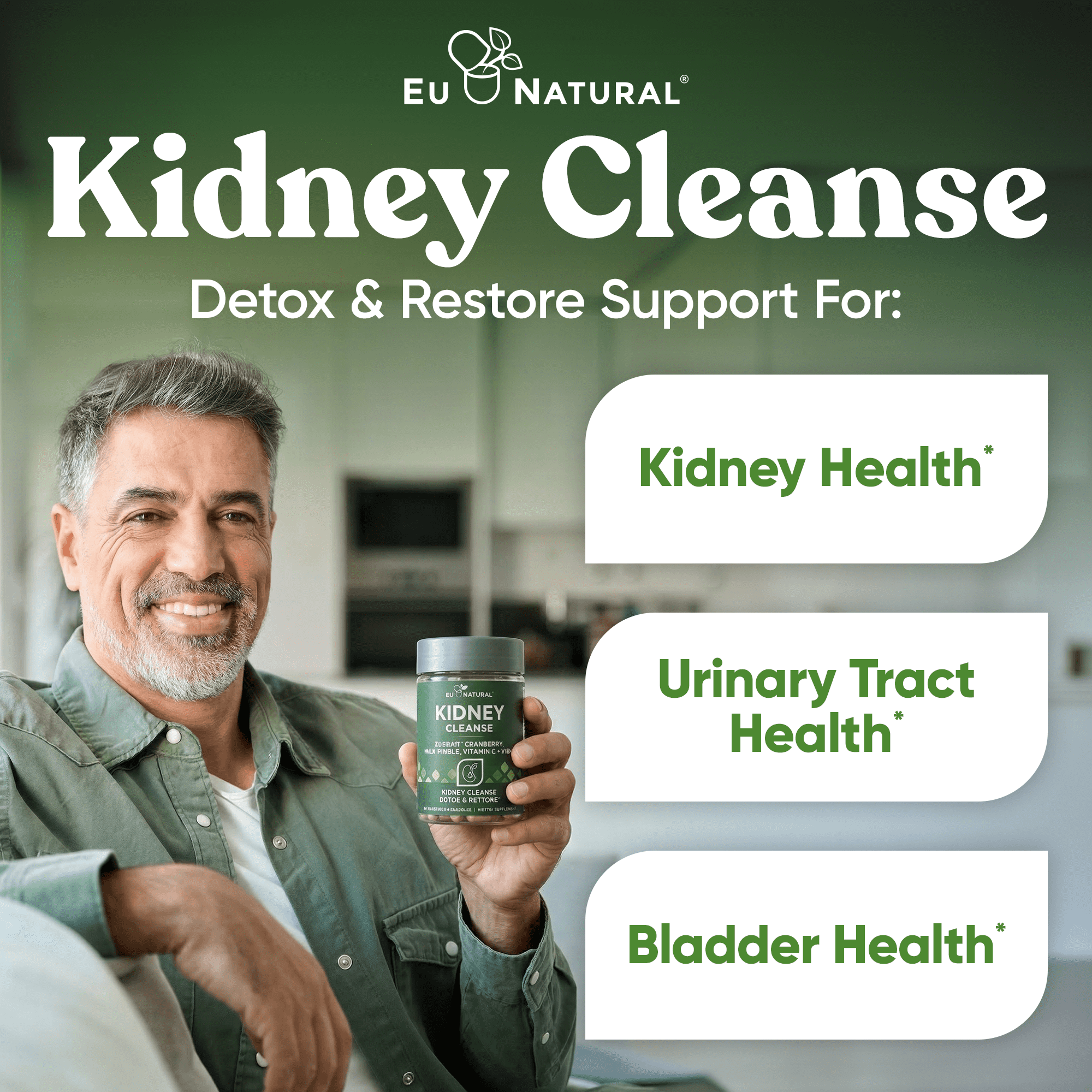 Eu Natural Kidney Cleanse Detox Supplement - Advanced Kidney Support Formula with Cranberry Pacran, Dandelion Root, Turmeric & Milk Thistle - 60 Capsules