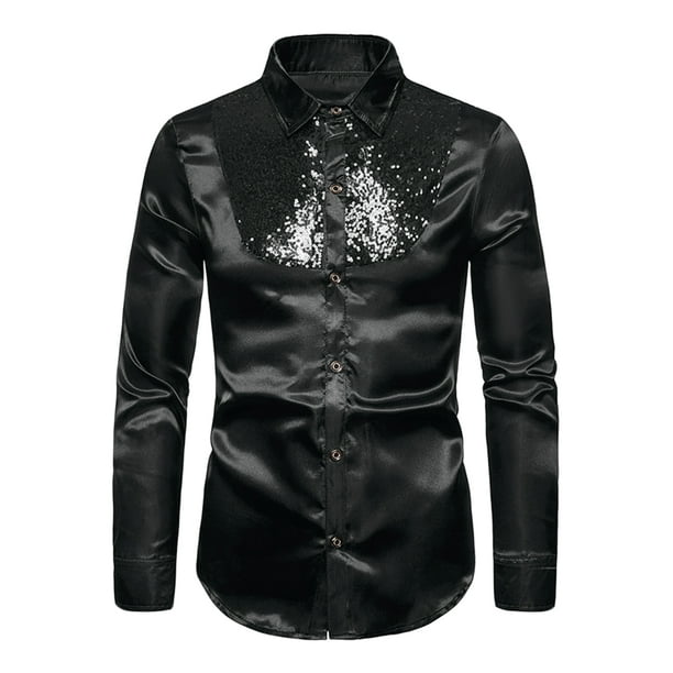 Camisa de lentejuelas para hombre, manga larga, con botones, para fiesta de graduación, camisas de satén Negro XL Unique Bargains Camisa