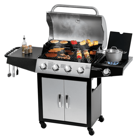 MASTER COOK Propane Gas Grill, 52,000 BTU Four-Burn Cabinet BBQ Grill with Side Stove, Stainless Steel
