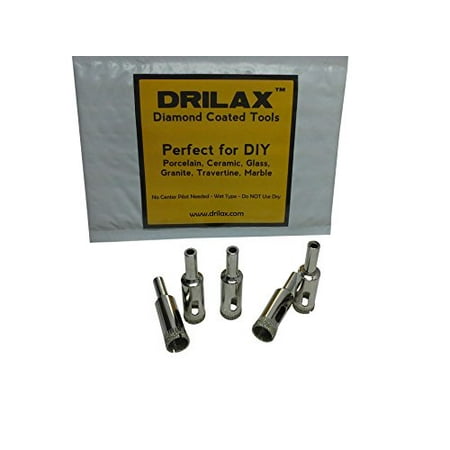 Drilax 5 Pcs Diamond Drill Bit Set 1/2 inch  (0.5 In) Wet Use for Tiles, Glass, Fish Tanks, Marble, Granite, Ceramic, Porcelain, Bottles, Quartz - Lot 5 Diamond Coated Drills - Kitchen, (Best Drill Bit For Glass Bottles)