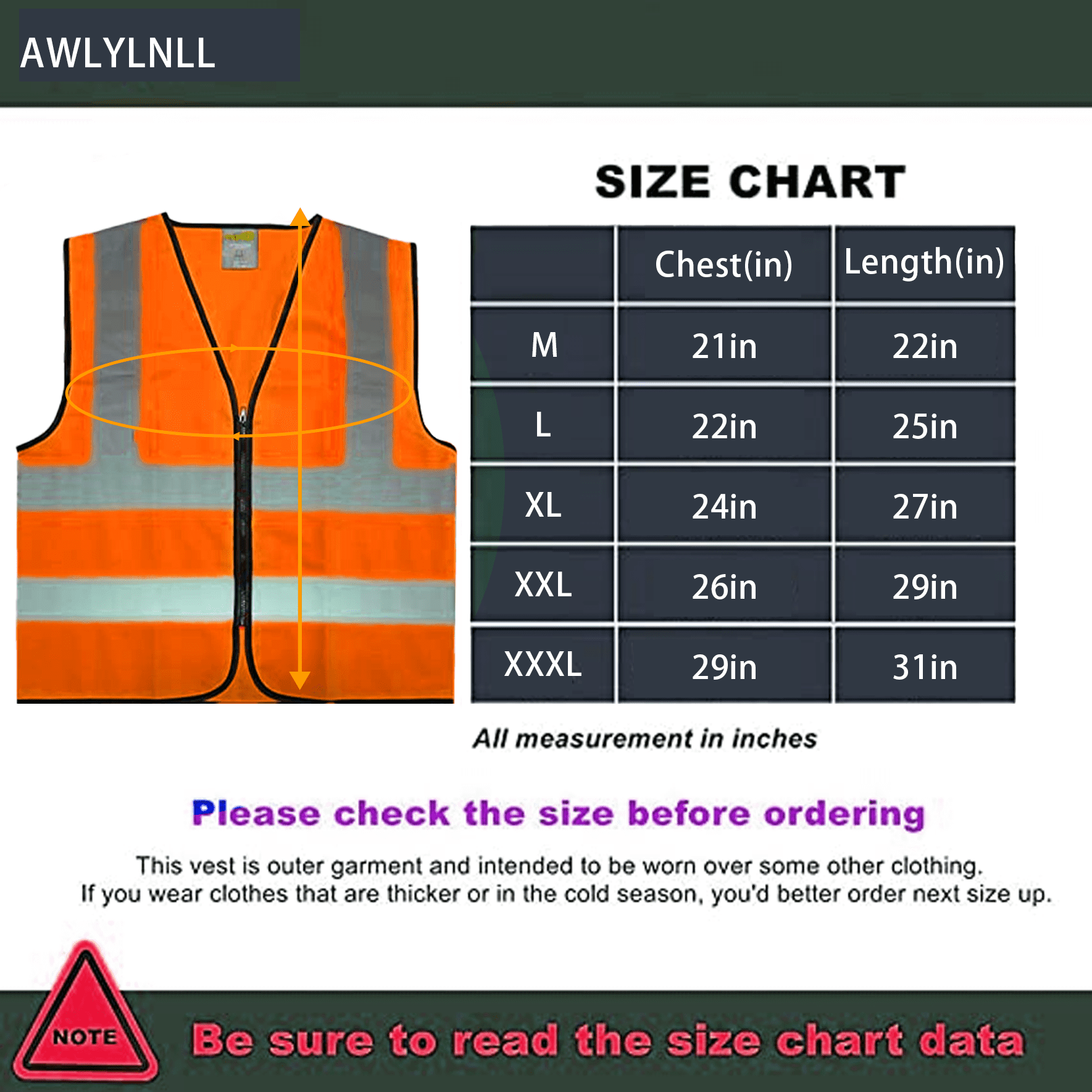 AWLYLNLL High Visibility Safety Vest for Men Women, Construction Vest with  Reflective Strips and Zipper Front, Neon Orange, Medium 