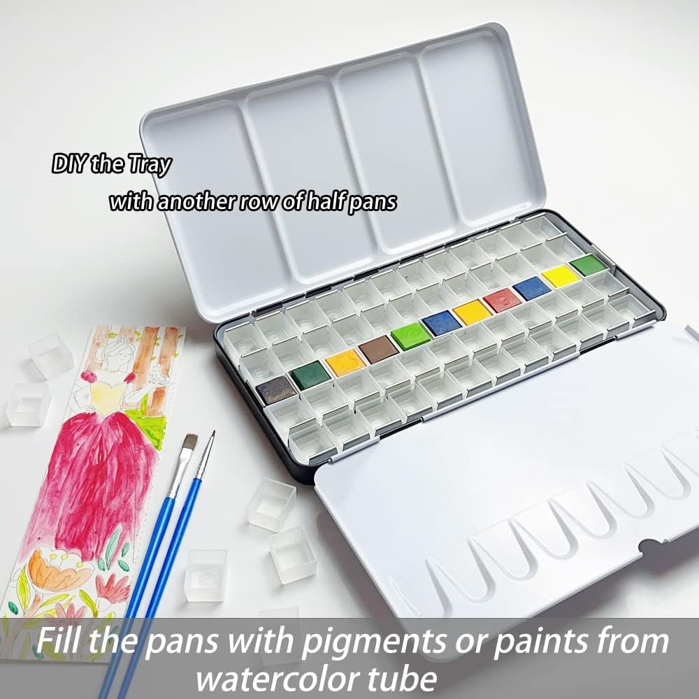 JJEAN-Watercolor Palette, 48 Wells and 3 Mixing Areas - Empty Half Pans Watercolor Palette with Lid, Folding Paint Tray