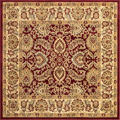 Unique Loom Voyage Collection Traditional Oriental Classic Intricate Border Design Area Rug, 6 0 x 6 0 Square, Red/Tan