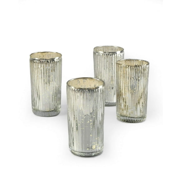 Serene Spaces Living Set of 4 Large Silver Ribbed Votive Candle Holders, Mercury Glass Finish, Ideal for Weddings, Events, Measures 5" Tall and 2.75" Diameter