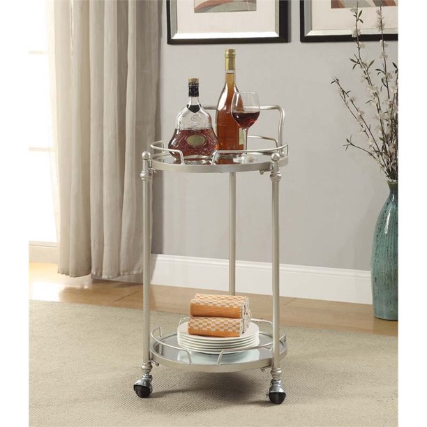 Linon Round Mirror Bar Cart, Silver, 31 inches Tall