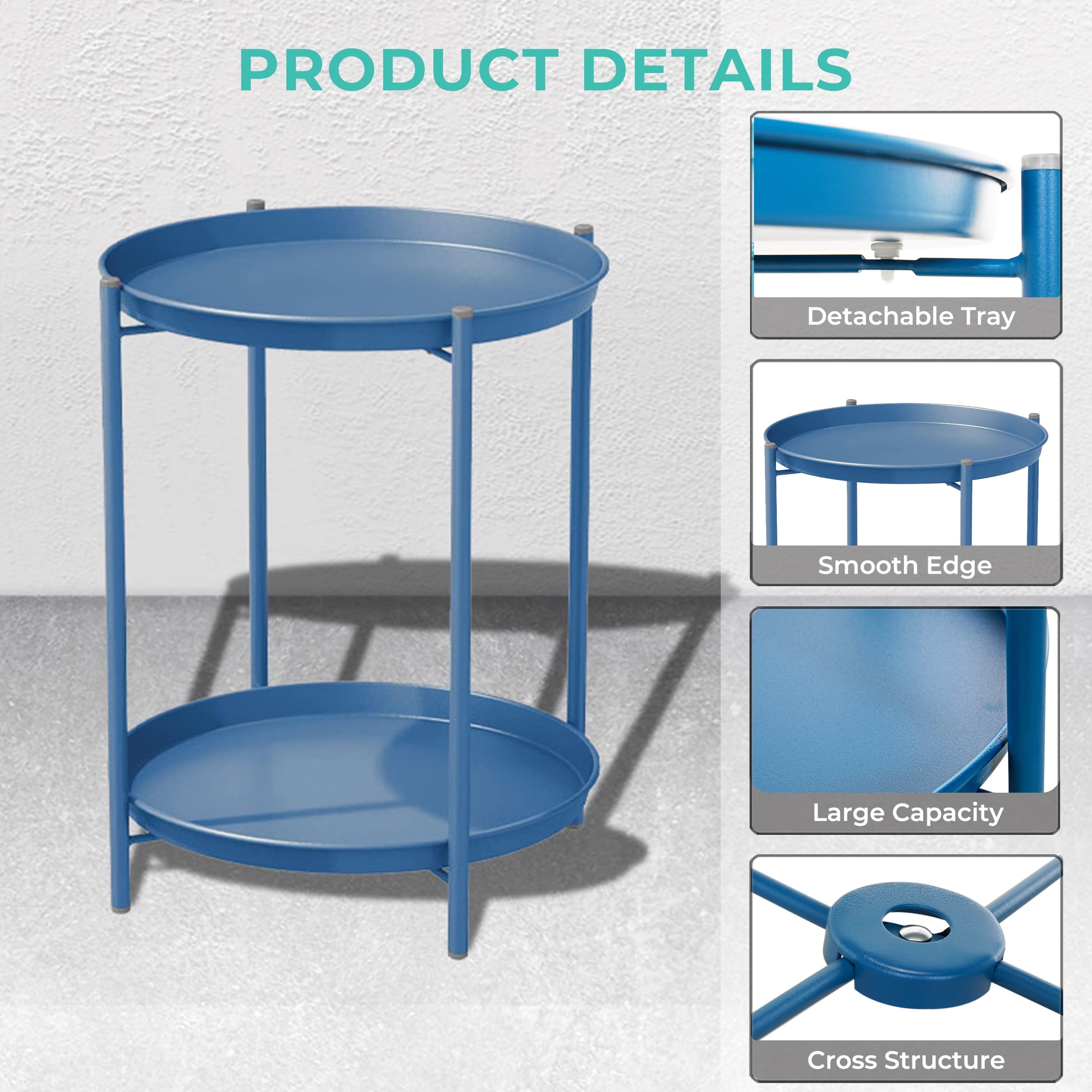 Grand Patio Indoor & Outdoor Side Table 2-Tier, Weather-Resistant Steel Round End Table for Porch, Poolside, Bedroom, Living Room, Peacock Blue