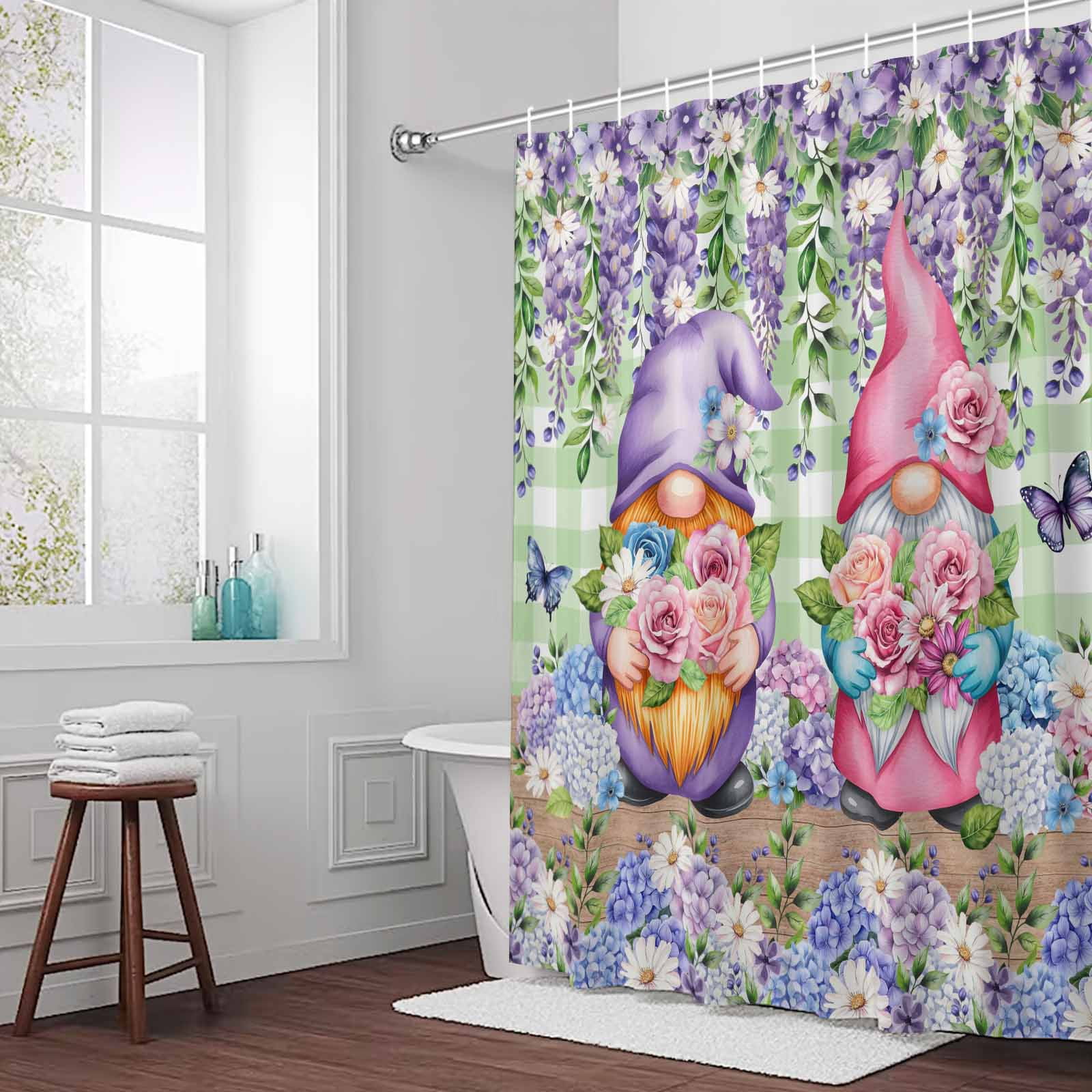 Spring Gnomes Shower Curtain for Bathroom, Watercolor Purple Blue White Floral Leaf Green Plaid Wood Grain Waterproof Cloth Fabric Bathroom Accessories Set with 12 Rust Proof Plastic Hooks, 72"x72"