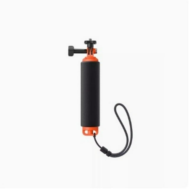 Insta360 Floating Hand Grip for X5/X4/X3/Ace Pro/Ace, a black anti-slip handle with an orange base and adjustable wrist strap. Compatible with action cameras, it includes a 1/4-inch adapter and two-prong mount for secure attachment. Lightweight and buoyant, perfect for swimming, snorkeling, surfing, and diving. Ideal for use as a camera strap accessory to keep gear afloat and secure.
