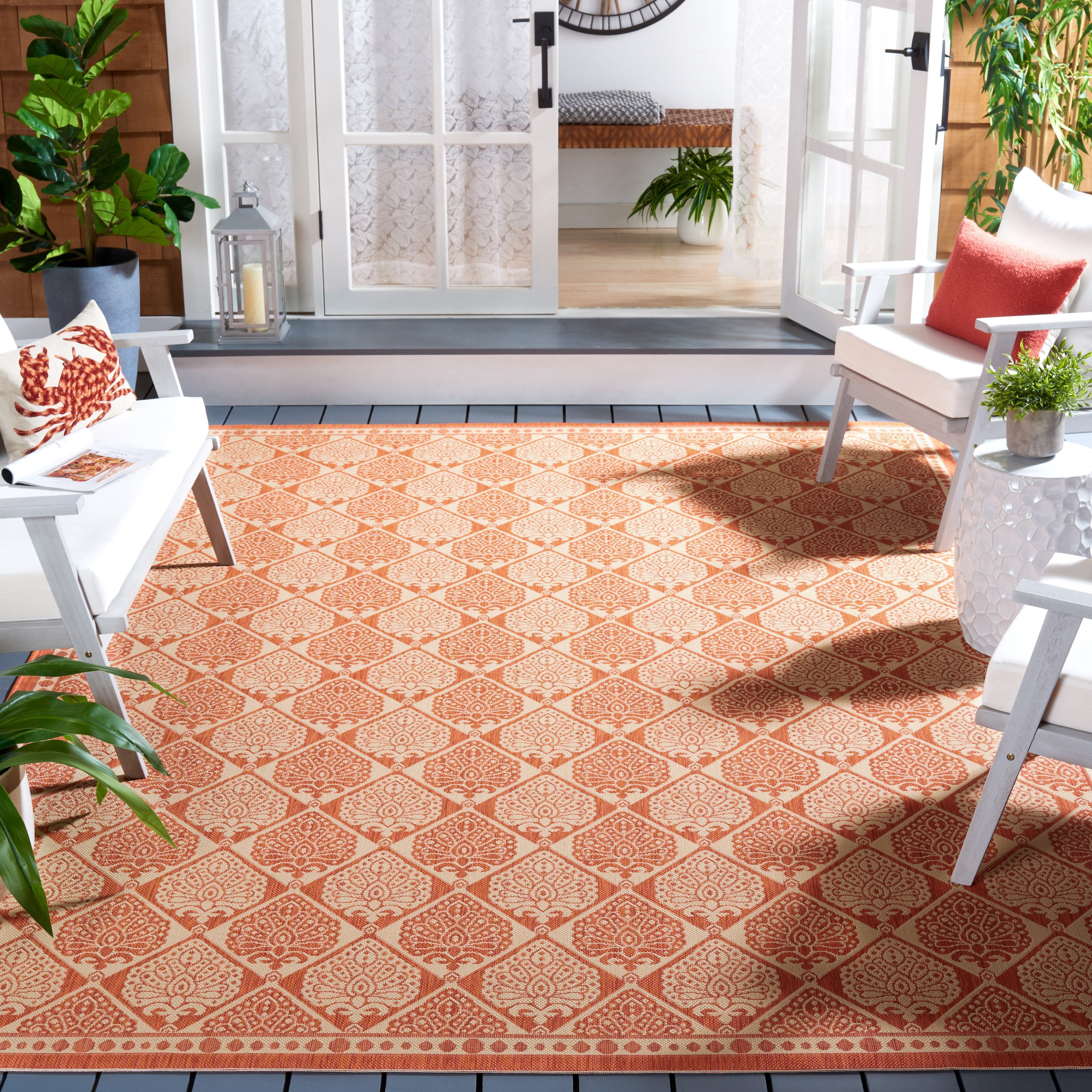 SAFAVIEH Courtyard Barrett Geometric Indoor/Outdoor Area Rug, Rust/Sand, 8' x 11'
