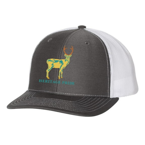 Heritage Pride Retro Color Charcoal and White Mens Embroidered Mesh Back Trucker Hat, Deer