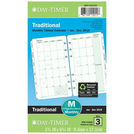 Day Timer Refill Calendar - Day-Timer 2-Page-Per-Month Tabbed Calendar Refill Portable Size -